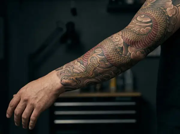 Brazo con tatuajes de dragones, simbolizando fuerza y sabiduría. El diseño detallado muestra escamas doradas y rojas, garras afiladas y nubes estilizadas, reflejando el profundo significado de los tatuajes de dragones.