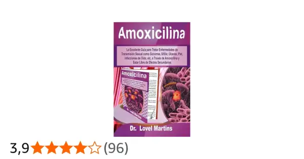 Portada de libro "Amoxicilina", guía para tratar ETS. Ilustra bacterias y el medicamento, como si fuera un tatuaje de ciencia.
