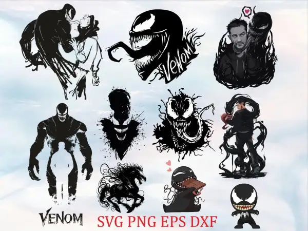 Colección de diseños de Venom, incluyendo siluetas, el personaje interactuando con Eddie Brock y un adorable Venom comiendo chocolate. Ideal para un tatuaje de Venom.