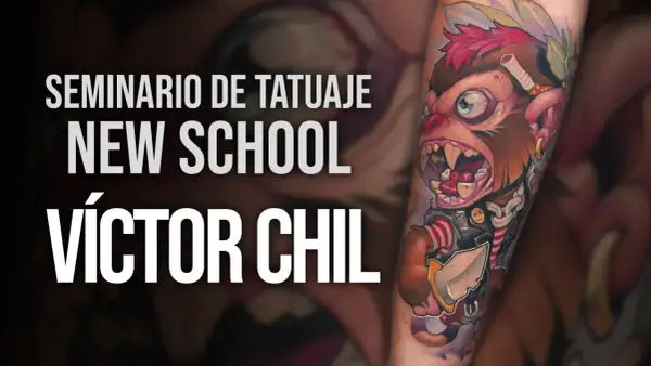 Seminario de Tatuaje New School con el arte de Víctor Chil. Un mono con cigarrillo y cuchillo, estilo vibrante.