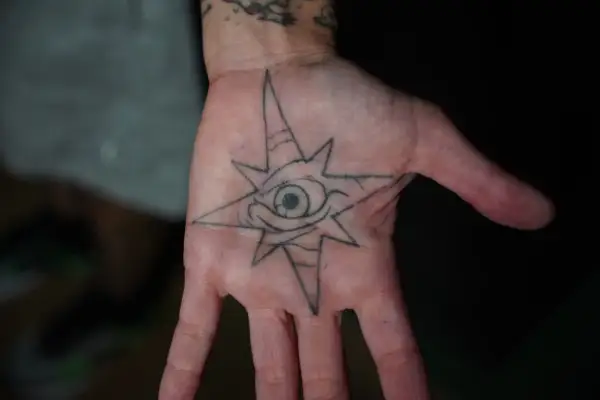 Tatuajes de protección contra el mal y su significado: un ojo dentro de una estrella de ocho puntas en la palma de la mano, símbolo de vigilancia y escudo.
