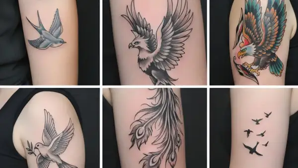 Tatuajes de aves: golondrina, fénix, águila, paloma, plumas y bandada. Cada uno representa diferentes tatuaje emociones.