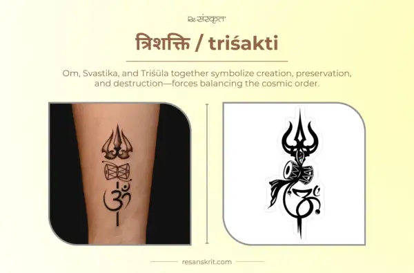 Tatuaje de trishula, damaru y Om, símbolos de energía positiva y equilibrio cósmico.