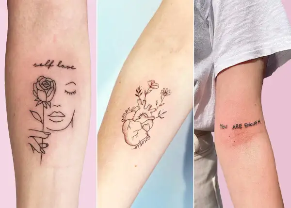 Tatuajes de fortaleza y amor propio: una rosa y rostro, un corazón con flores, y la frase "You ARE ENOUGH".