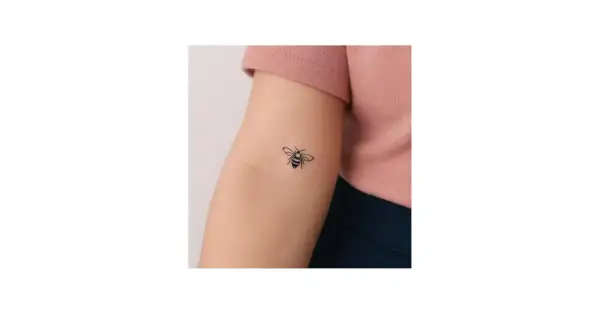 Un delicado tatuaje abeja minimalista adorna el brazo de una persona, un pequeño símbolo de trabajo y dulzura.