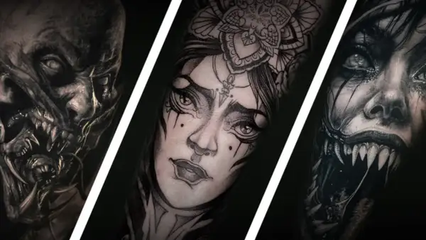 Tres impresionantes tatuajes neo japanese blackwork: un rostro demoníaco, una mujer con flores y una criatura aterradora.