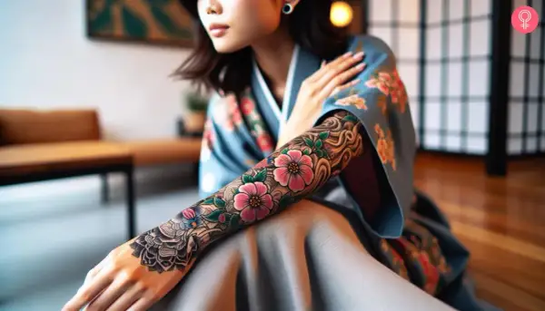 Brazos adornados con un intrincado tatuaje de flores y olas, estilo coreano, sobre un kimono azul.
