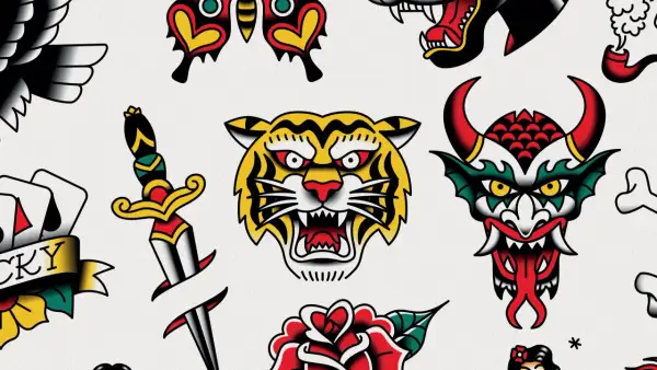 Un tigre rugiente, una rosa, un puñal y un demonio son parte de este diseño de tatuaje estilo old school, con un toque de tatuaje romania.