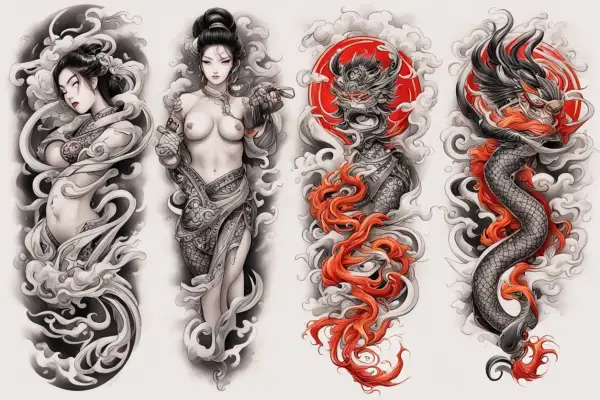 Diseños de tatuaje oriental: dos mujeres etéreas y un dragón feroz con un sol rojo.
