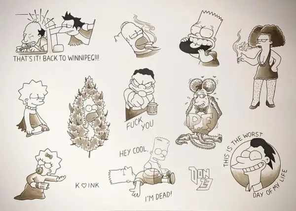 Diseños de tatuajes de Los Simpsons: Bart, Homer, Lisa y otros personajes icónicos en varias poses cómicas.