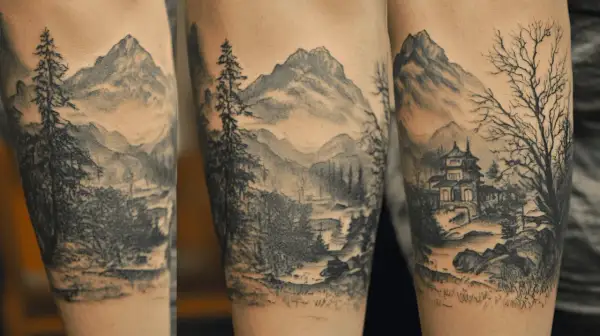 Tatuaje realista de paisaje montañoso con árboles y un templo asiático.