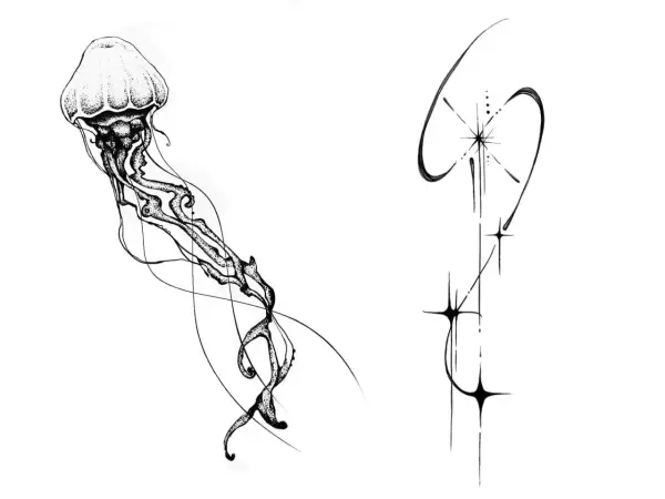 Medusa y estrellas en estilo avant garde tattoo.