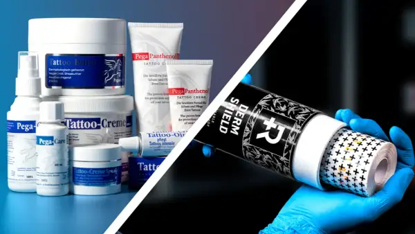Variedad de productos para el cuidado de tatuajes, incluyendo crema para antes de tatuarse, en un fondo azul y negro.