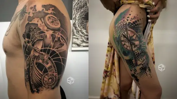 Tatuaje realismo en brazo y muslo con brújulas, mapas y un ojo.