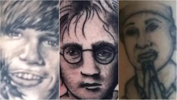 Tres retratos de tatuajes de fantasía: un joven sonriendo, Harry Potter con gafas y una persona rezando.