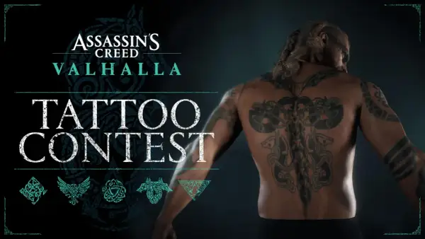 Un guerrero vikingo muestra su impresionante tatuaje en la espalda, un símbolo de fuerza y honor, en el concurso de tatuajes de Assassin's Creed Valhalla.
