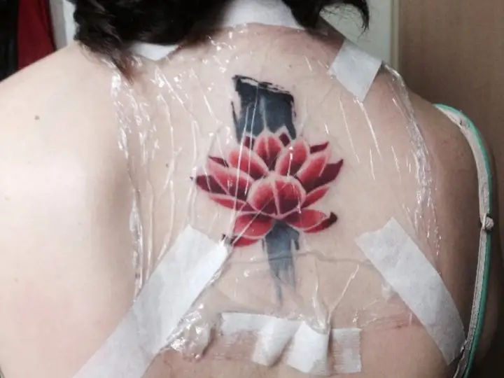 Flor de loto roja y azul recién tatuada en la espalda, cubierta con plástico y cinta. ¿Cuánto se tarda en hacer un tatuaje?